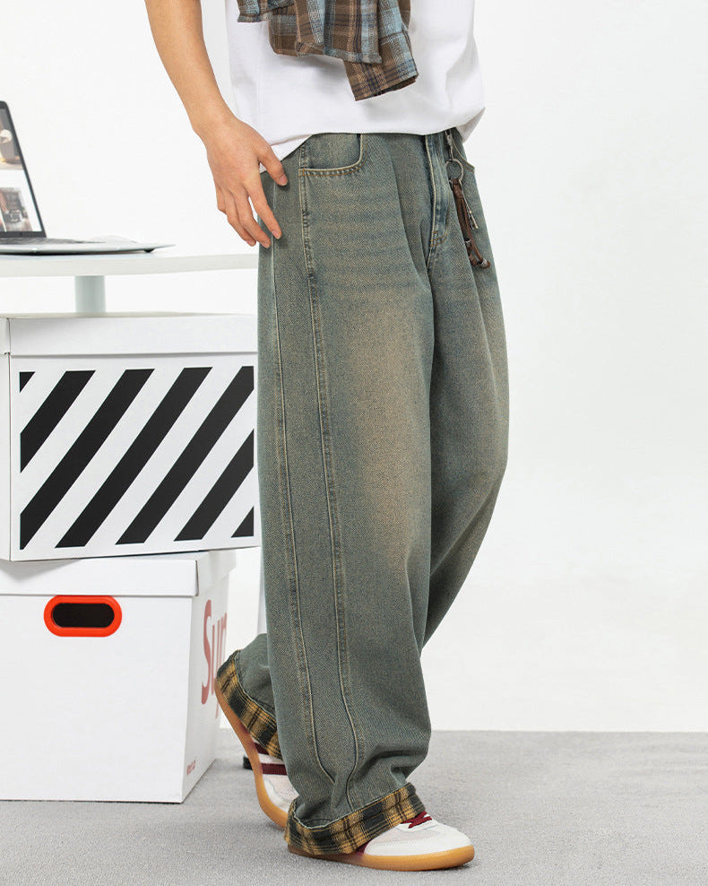 The Retro Plaid Patchwork Washed Jeans