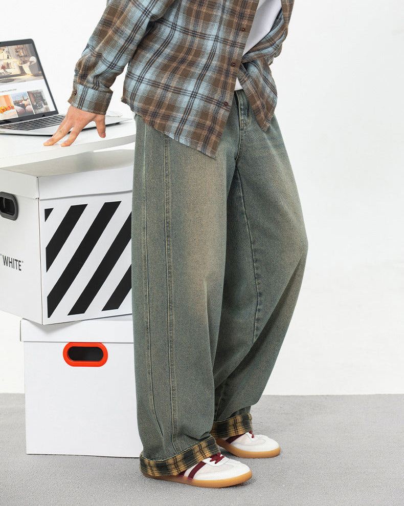 The Retro Plaid Patchwork Washed Jeans