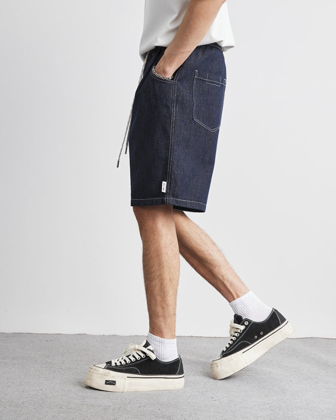 Dark Indigo Wash Denim Shorts with Drawstrings