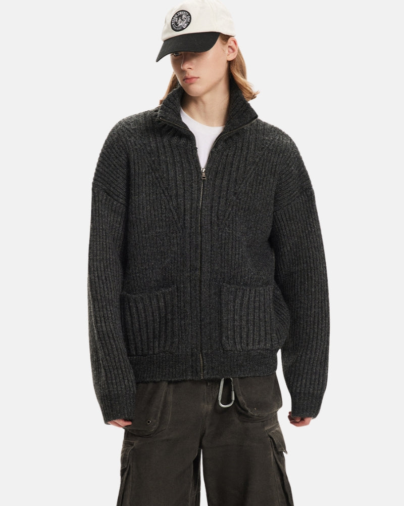 Ribbed Zip-Up Wool Cardigan