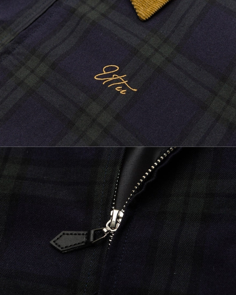 Plaid Zip-Up Jacket with Corduroy Collar