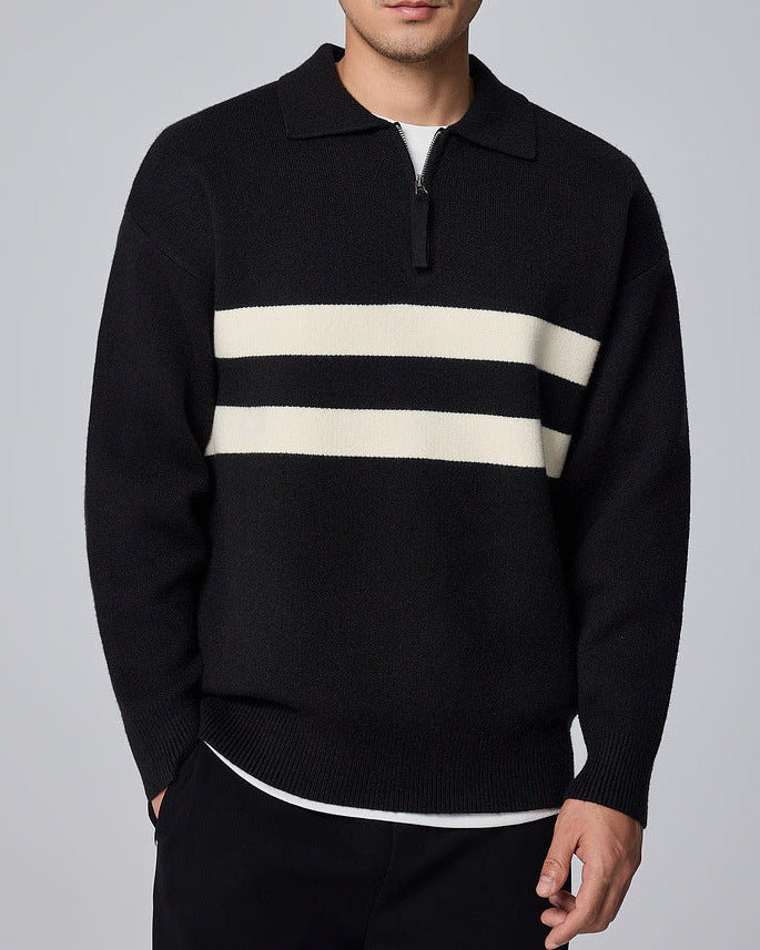 The Porter Semi-Open Contrast Striped Lapel Knit Sweater