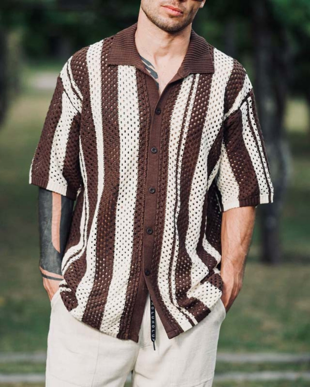 Monochrome Open‑Knit Stripe Shirt