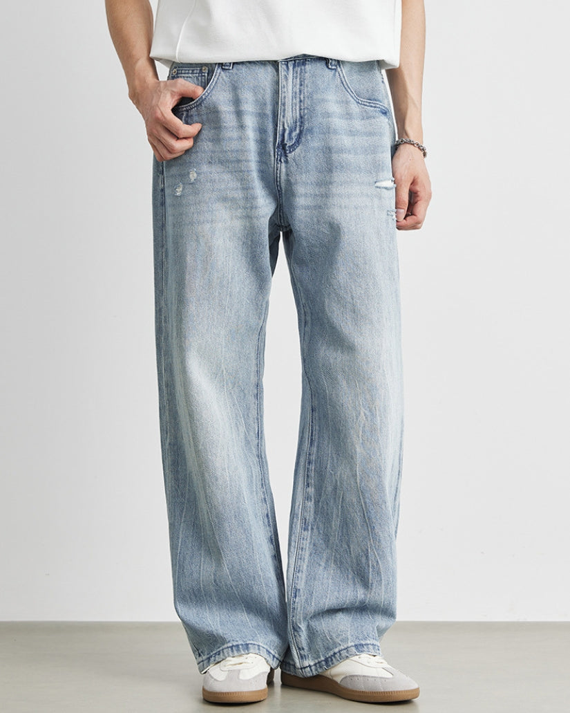 Worn Blue Wide-Leg Jeans