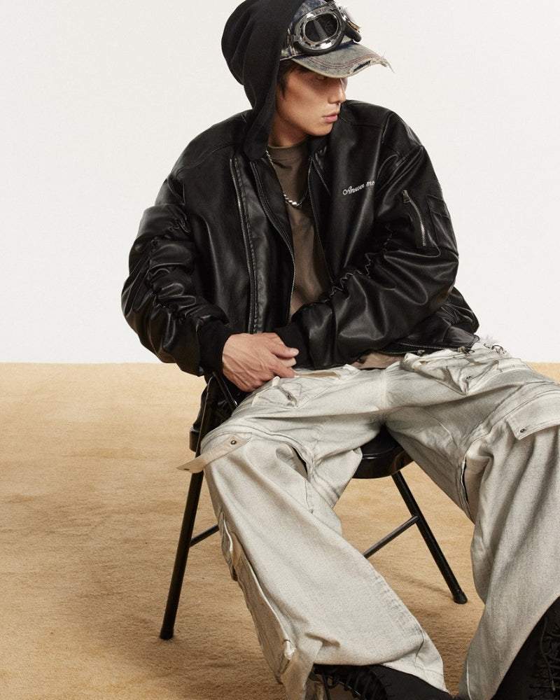 Relaxed Leather ANSWER ME Embroided Bomber Jacket