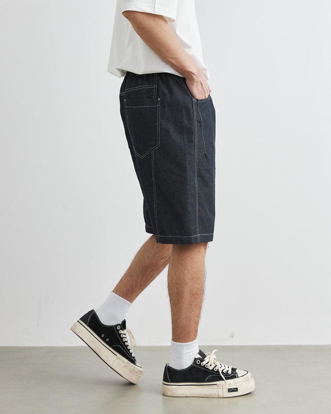 Wide Relaxed Denim Look Shorts with Drawstrings