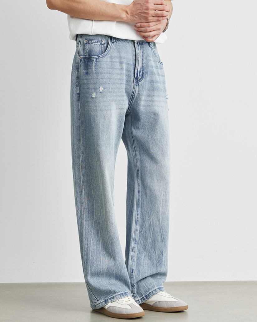 Worn Blue Wide-Leg Jeans