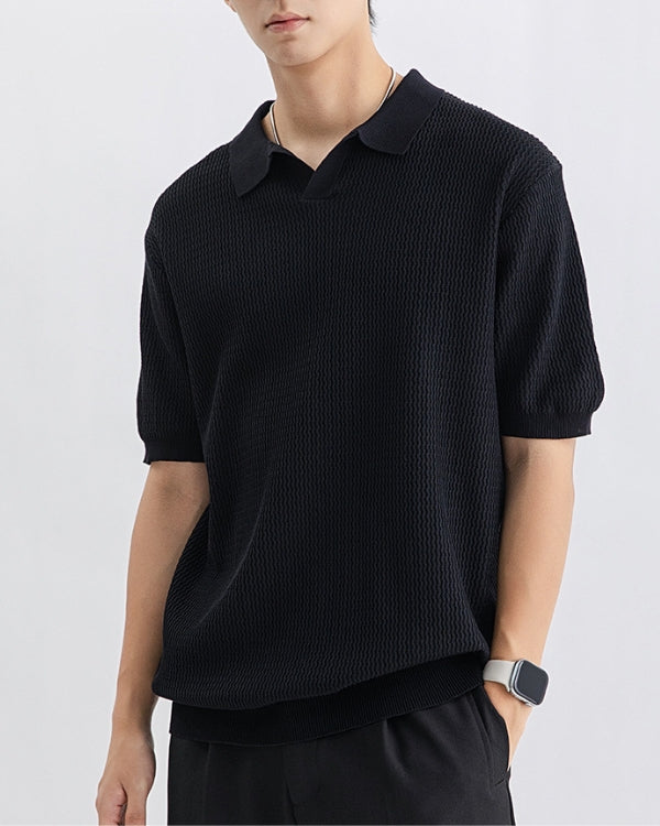 Textured Knit Open Polo Shirt