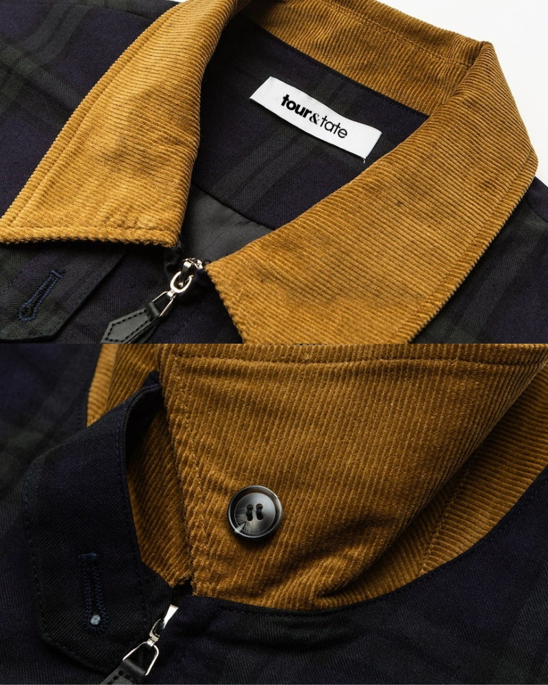 Plaid Zip-Up Jacket with Corduroy Collar