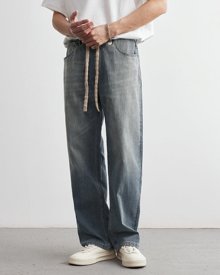 Faded Big Laces Drawstring Straight Jeans