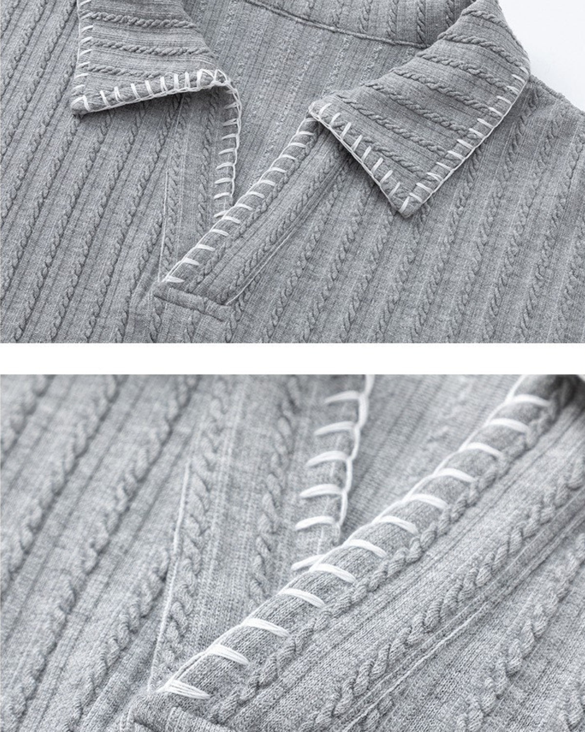 Contrast Stitch Ribbed Knit Polo Longsleeve Sweater