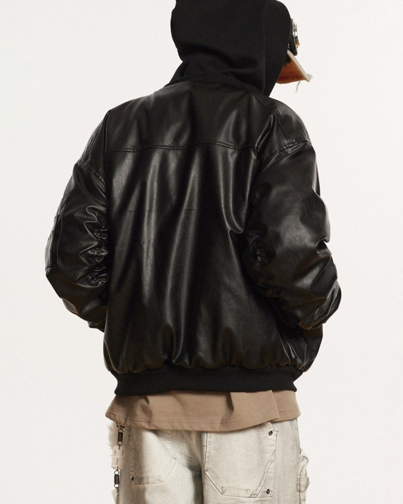 Relaxed Leather ANSWER ME Embroided Bomber Jacket