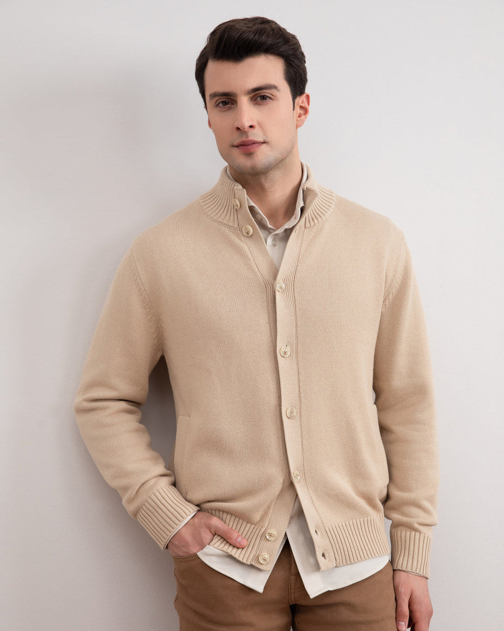 Beige Ribbed Button Closure With Pockets Cardigan