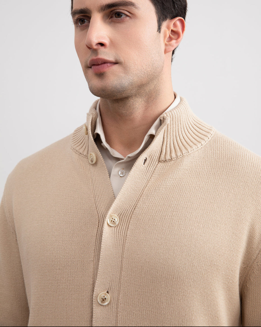 Beige Ribbed Button Closure With Pockets Cardigan