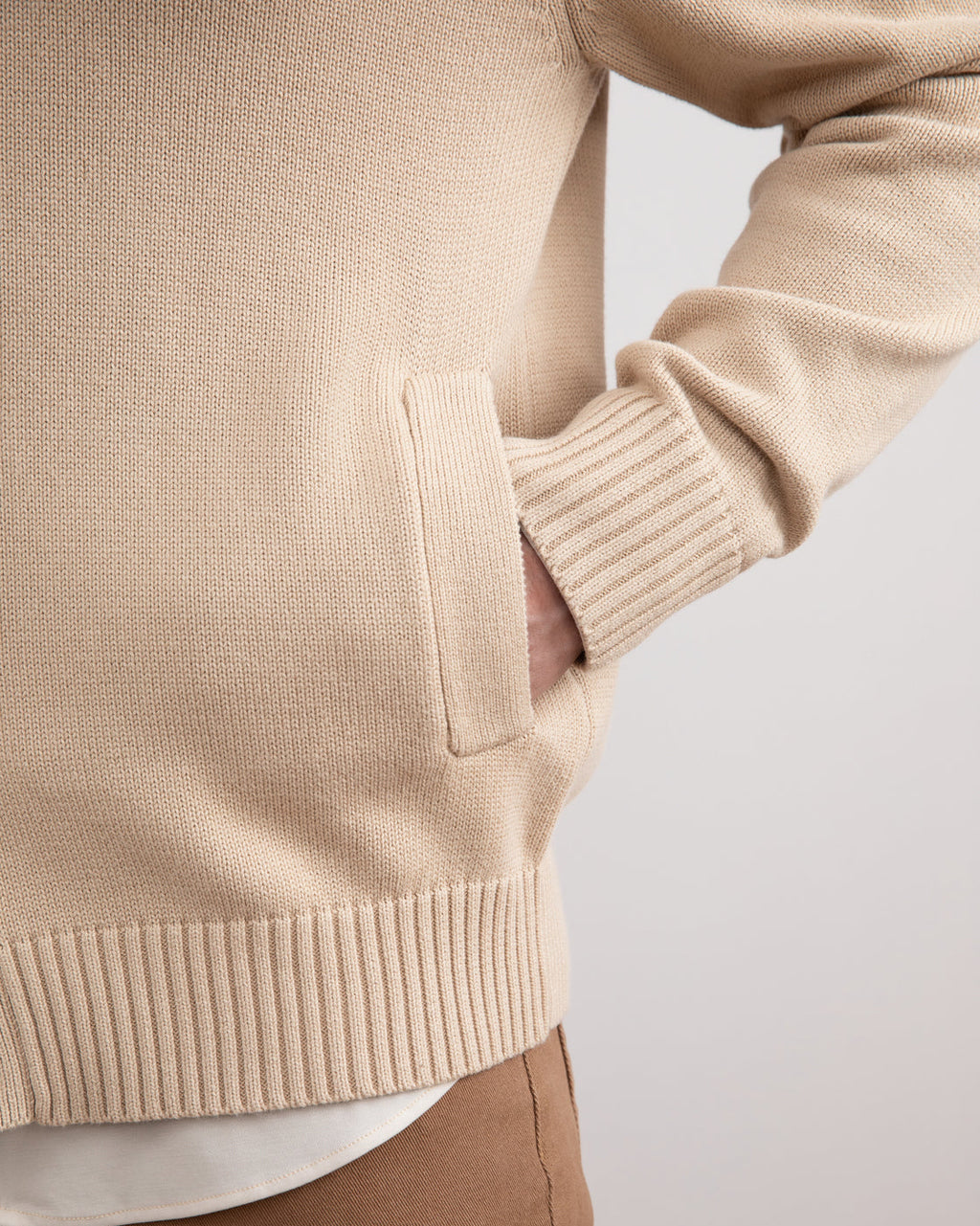 Beige Ribbed Button Closure With Pockets Cardigan