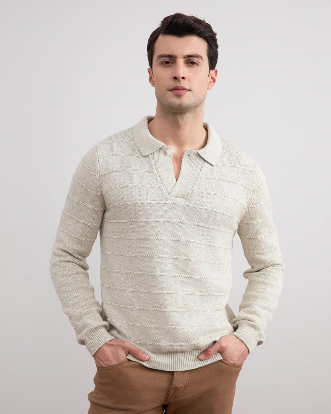 Beige Mélange Knit Texture Open Polo Sweater