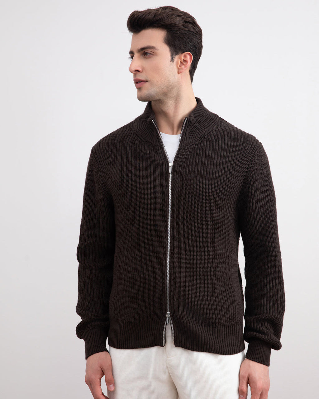 Dark Brown Ribbed Zip-Up Cardigan