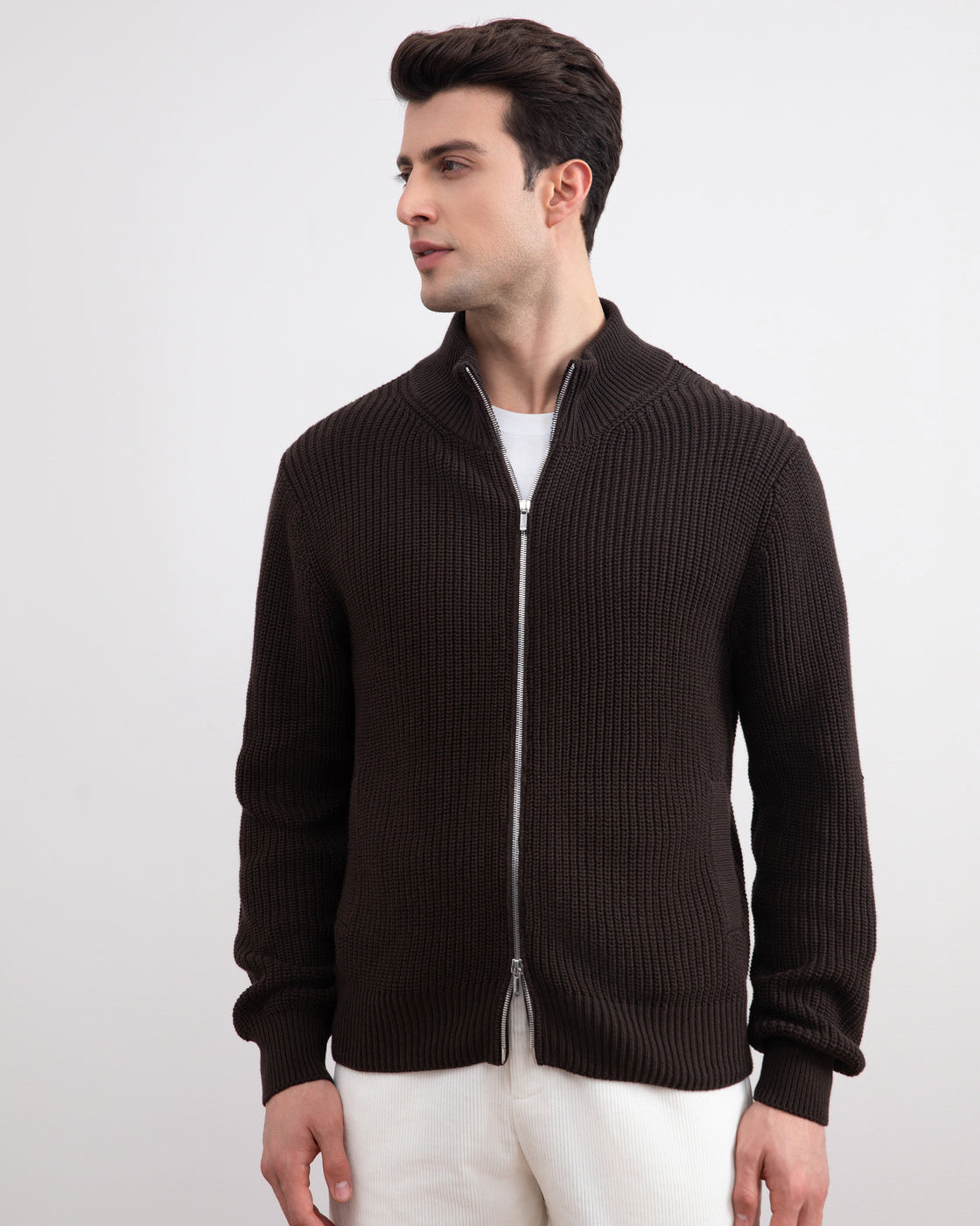 Dark Brown Ribbed Zip-Up Cardigan