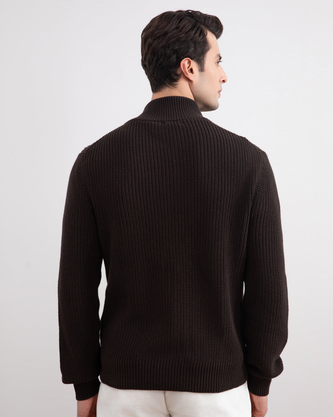 Dark Brown Ribbed Zip-Up Cardigan