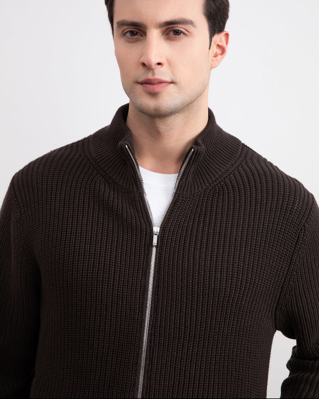 Dark Brown Ribbed Zip-Up Cardigan