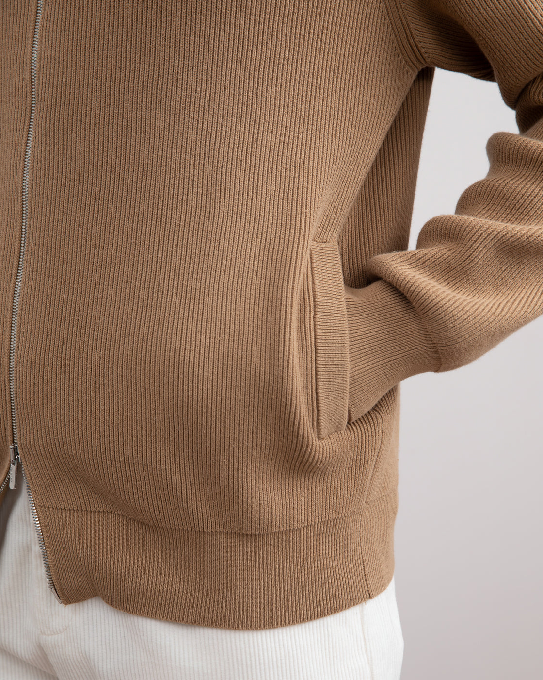 Tan English Rib Full Zip Cardigan