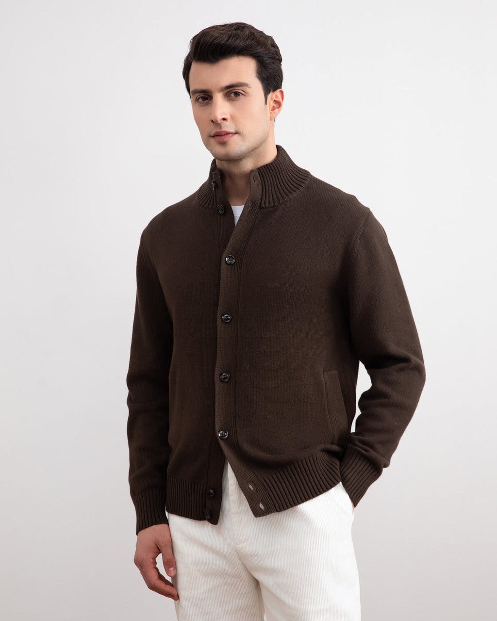 Brown Ribbed Button Closure With Pockets Cardigan