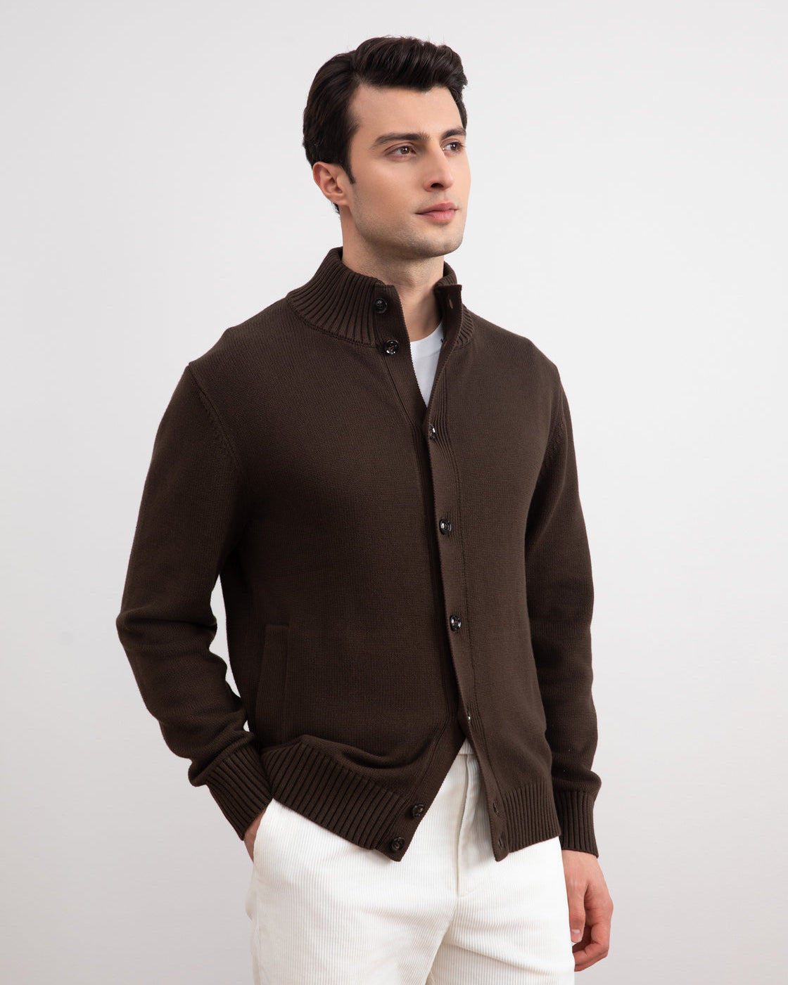 Brown Ribbed Button Closure With Pockets Cardigan