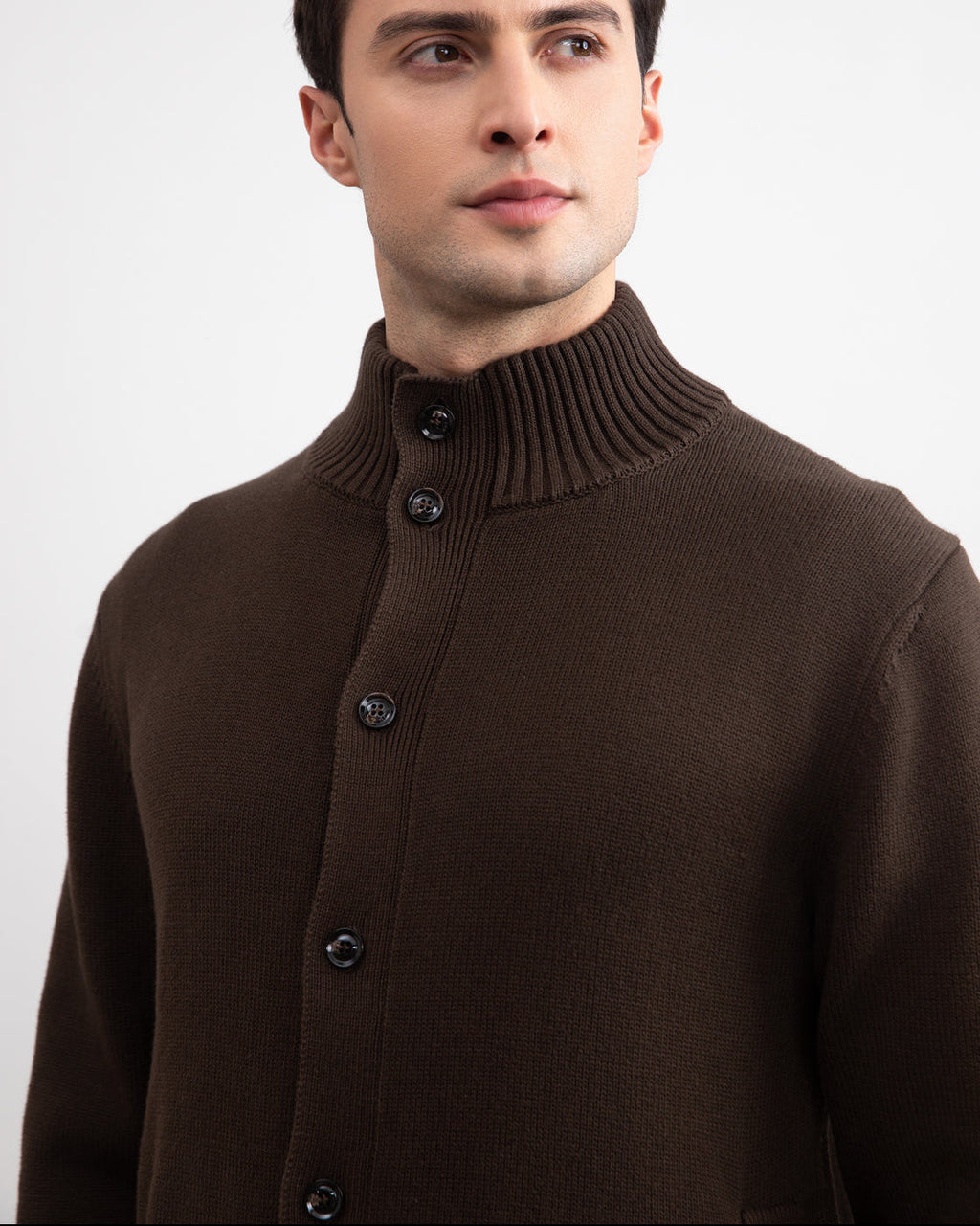 Brown Ribbed Button Closure With Pockets Cardigan