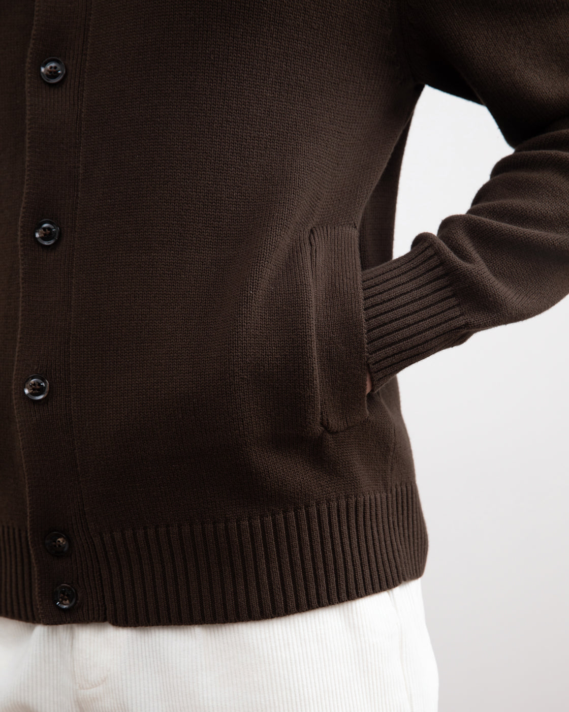 Brown Ribbed Button Closure With Pockets Cardigan