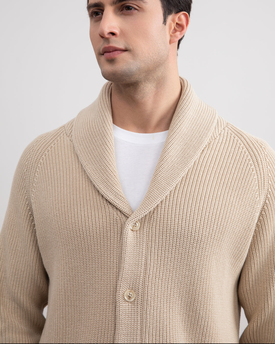 Beige Shawl-Collar Ribbed Cardigan