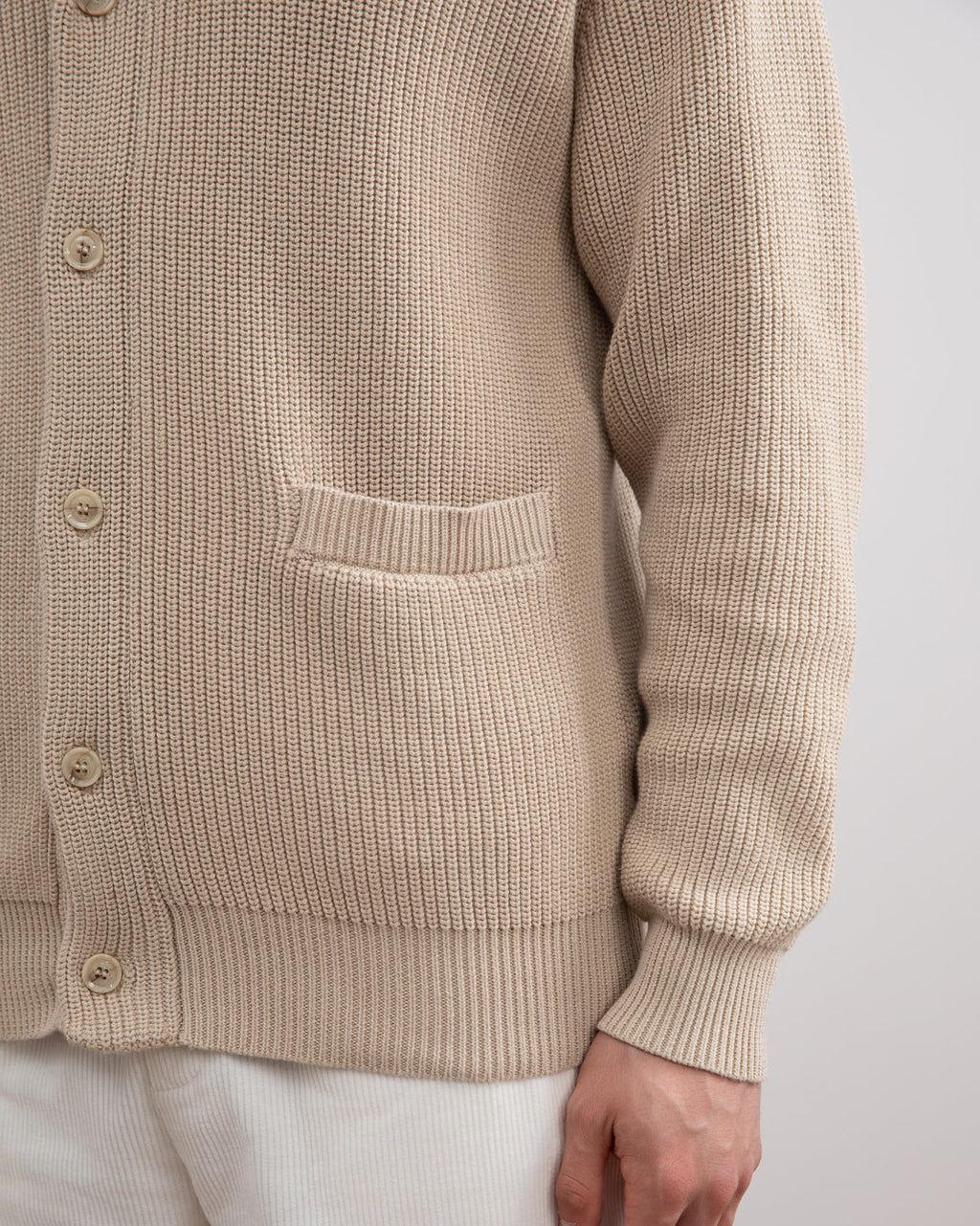 Beige Shawl-Collar Ribbed Cardigan