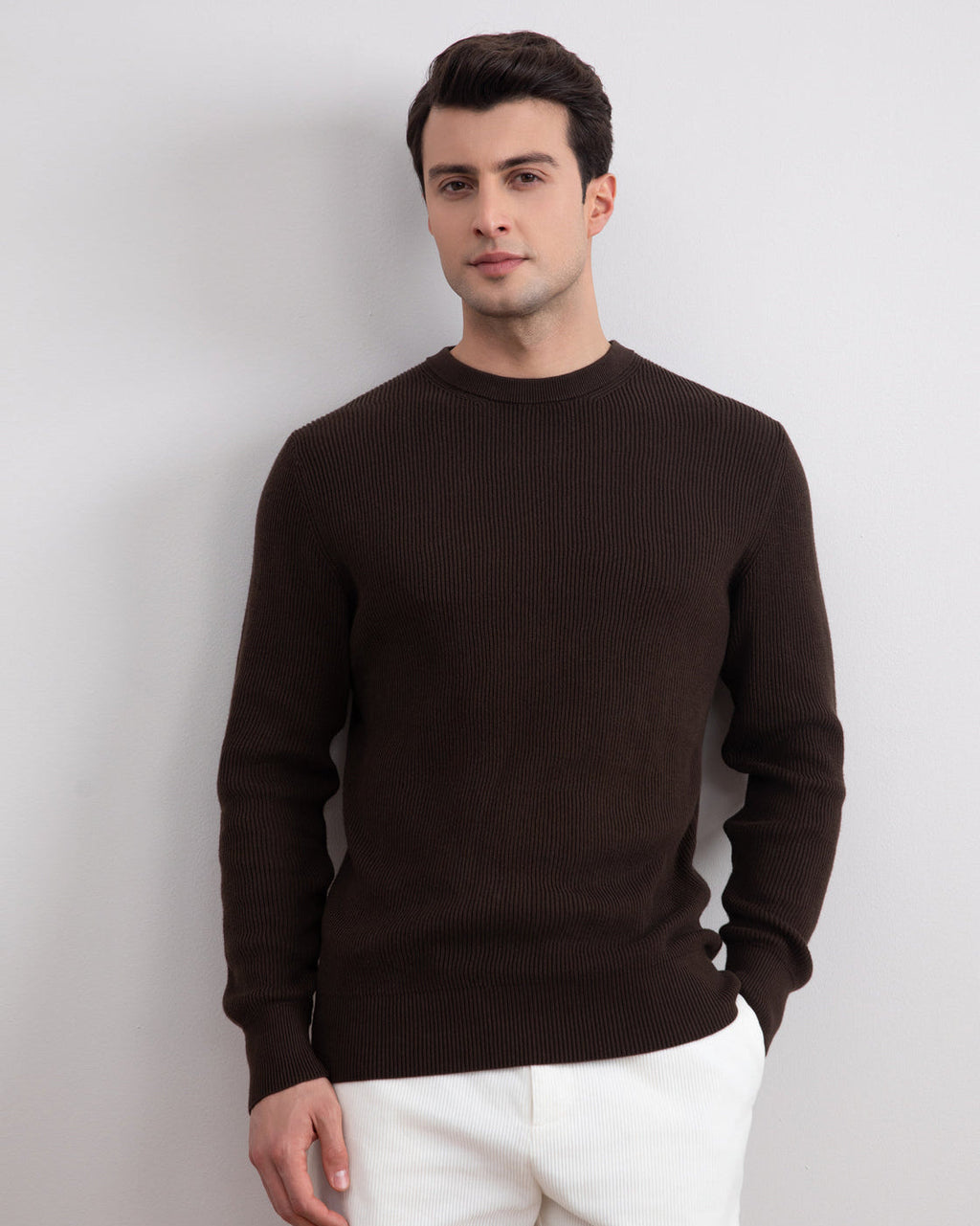 Dark Brown Crewneck Malfilé English Rib Sweater