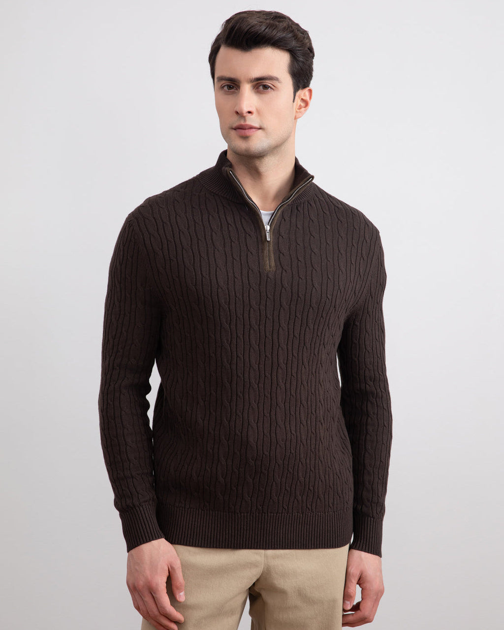 Dark Brown Cable Knit half-zip Sweater