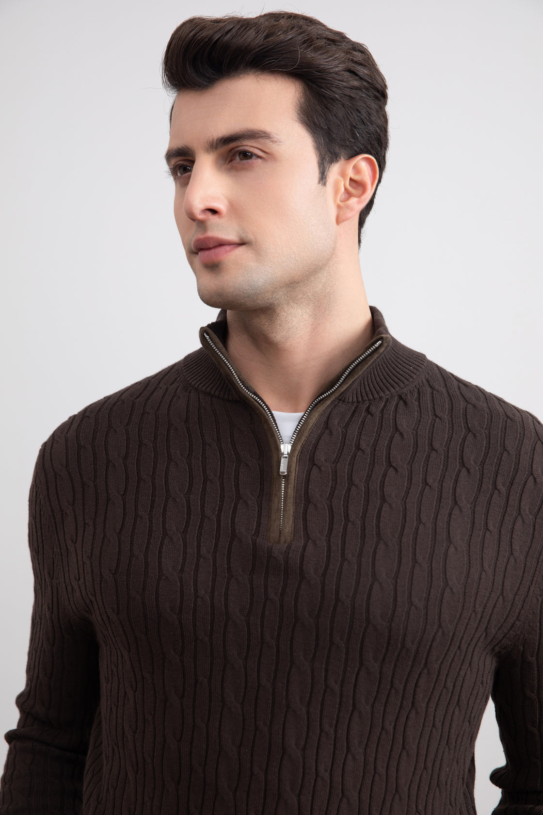 Dark Brown Cable Knit half-zip Sweater
