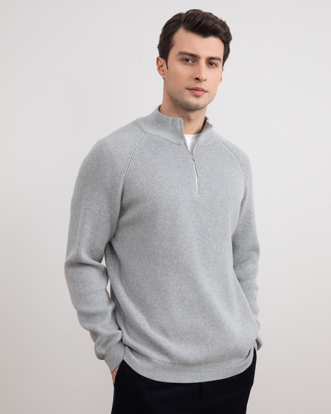 Grey Mélange English rib turtleneck half-zip sweater