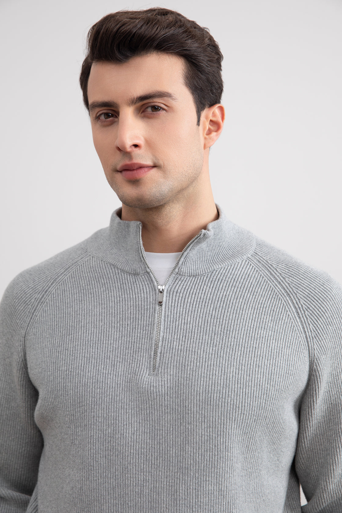 Grey Mélange English rib turtleneck half-zip sweater