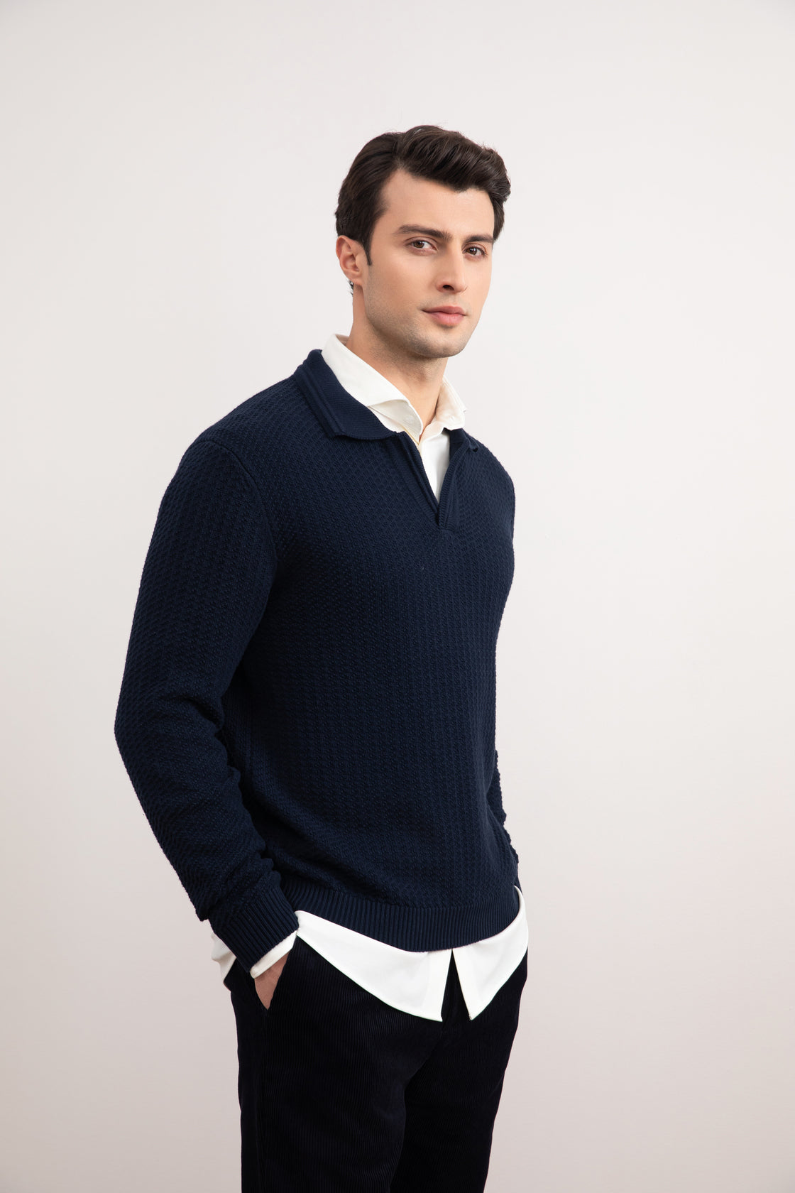 Navy Textured Open Polo Sweater
