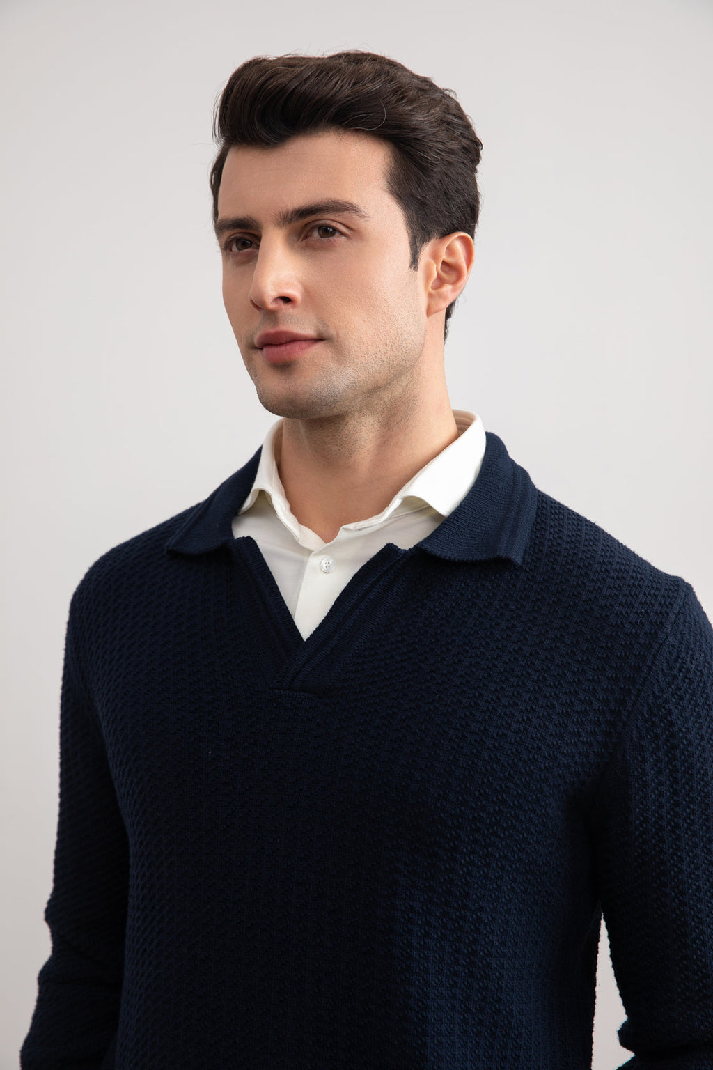 Navy Textured Open Polo Sweater