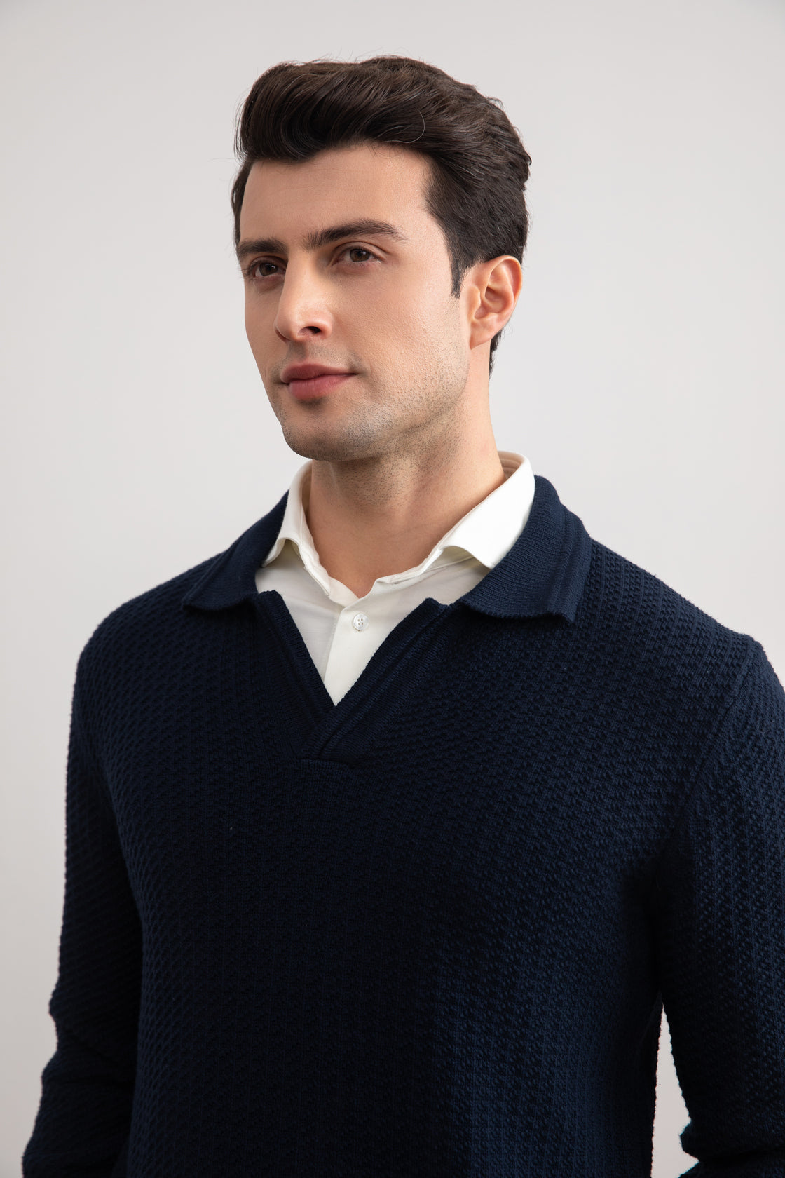 Navy Textured Open Polo Sweater