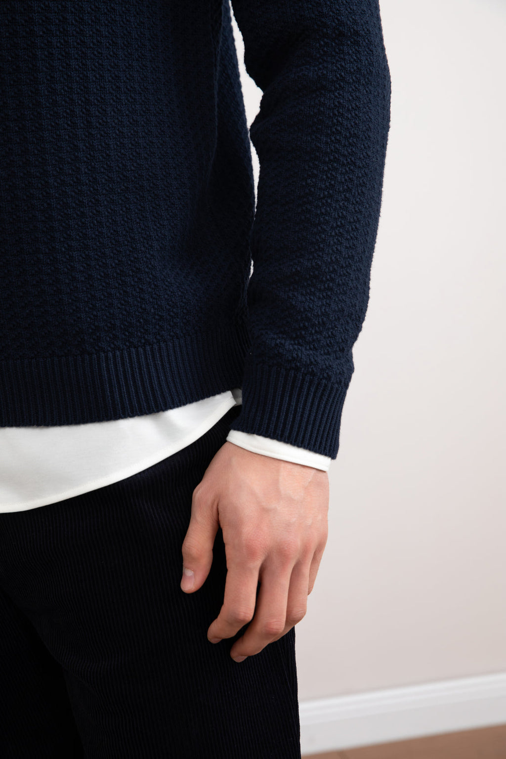 Navy Textured Open Polo Sweater