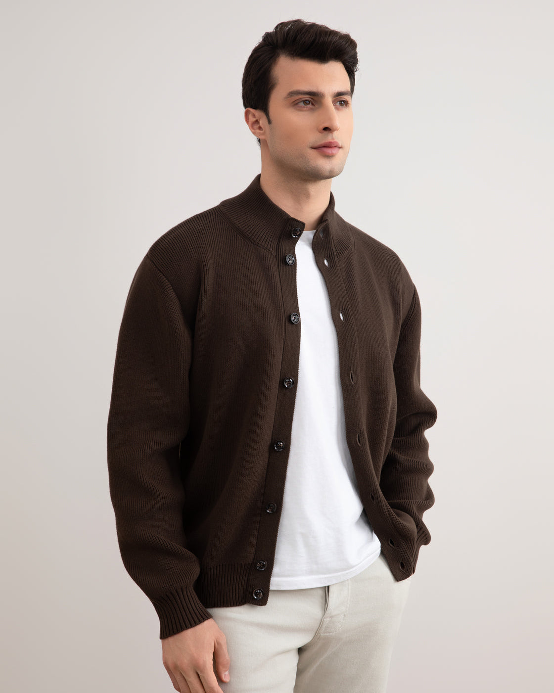 Brown Ribbed Button Closure Cardigan