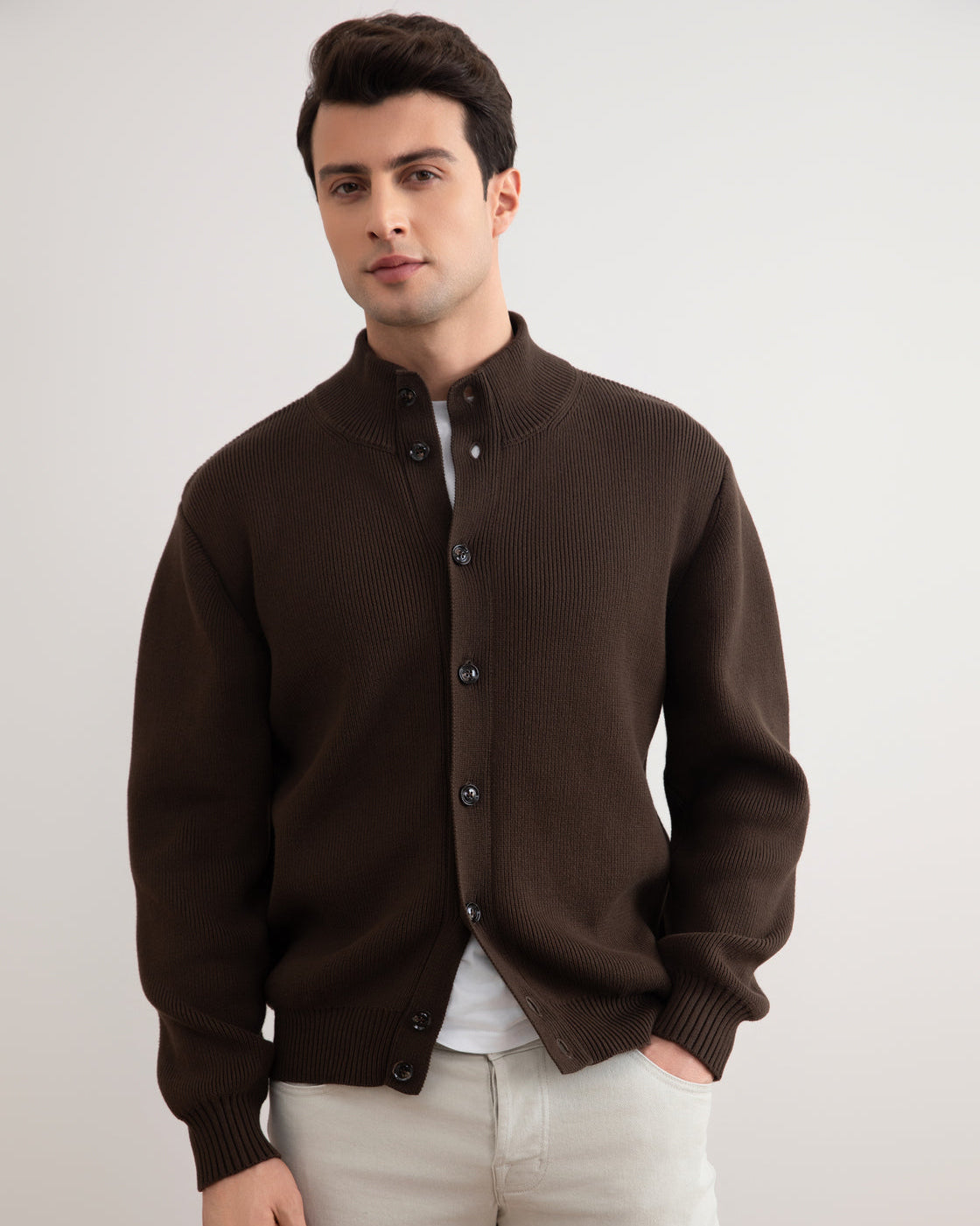 Brown Ribbed Button Closure Cardigan