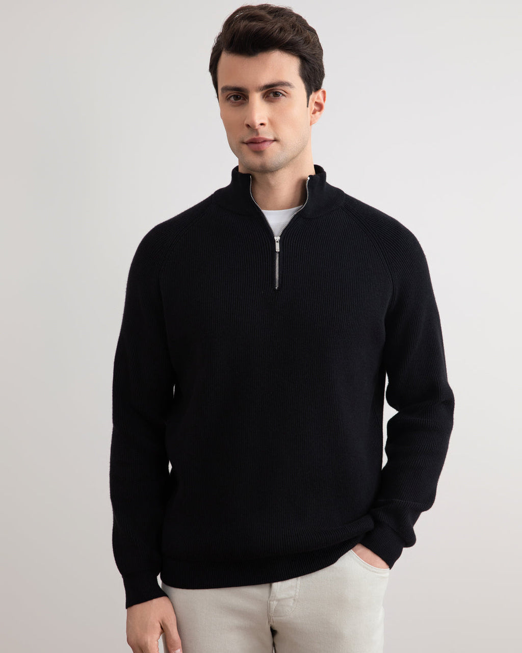 Black English rib turtleneck half-zip sweater