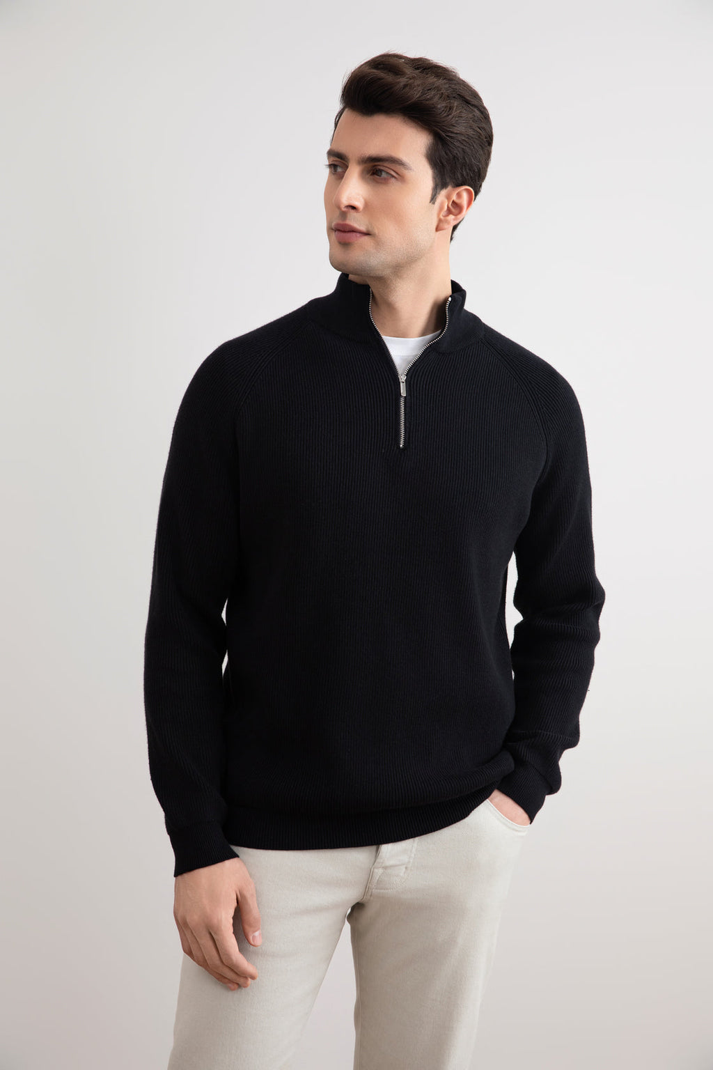 Black English rib turtleneck half-zip sweater
