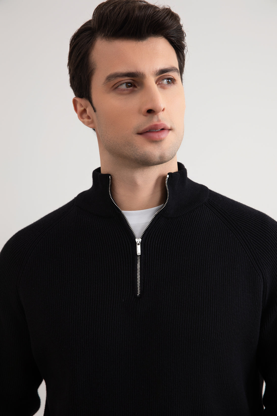 Black English rib turtleneck half-zip sweater