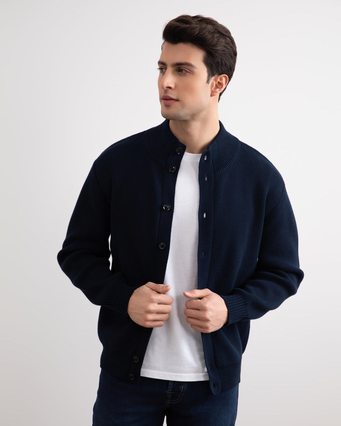 Navy Ribbed Button Closure Cardigan