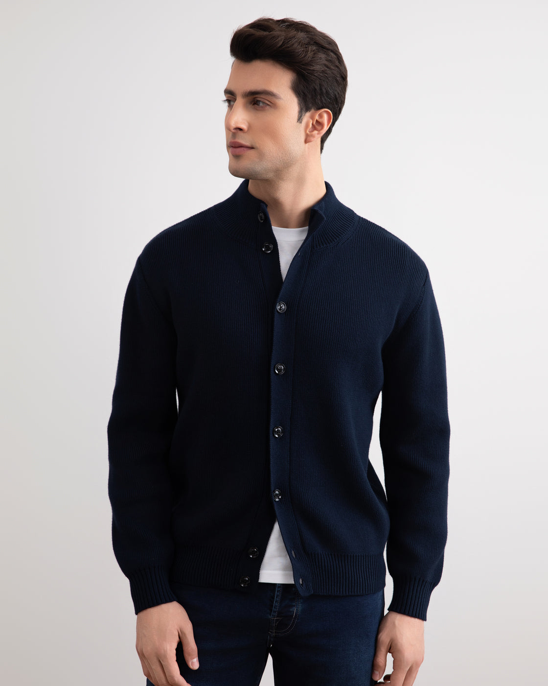 Navy Ribbed Button Closure Cardigan