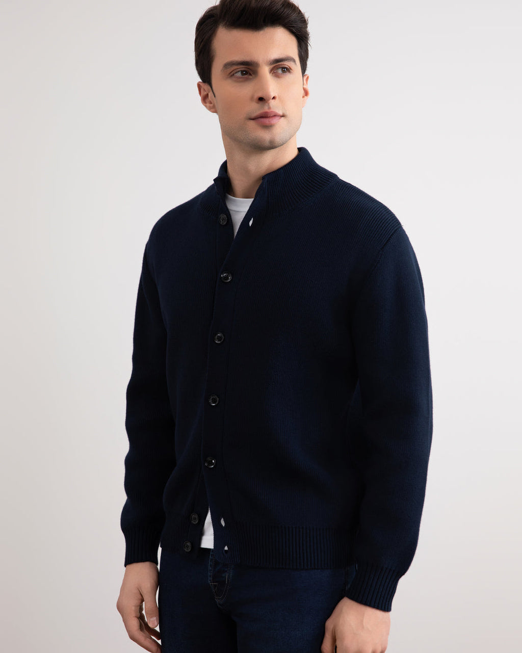 Navy Ribbed Button Closure Cardigan