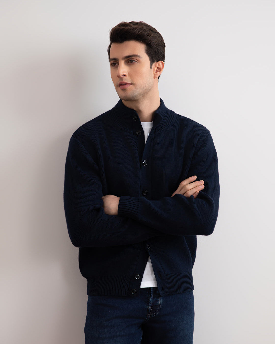 Navy Ribbed Button Closure Cardigan