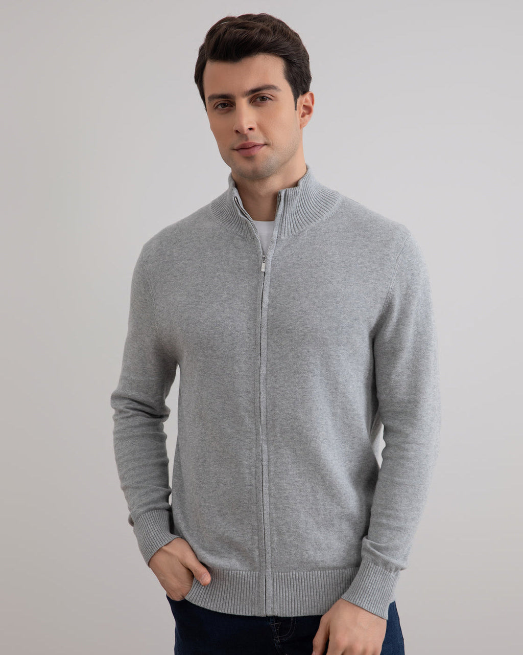 Grey Mélange Classic Zip-Up Cardigan